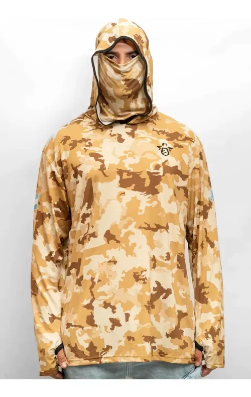 Remera Tecnica XL Camu Arena Poliester Hidrowick  Capucha y Tapaboca Proteccion UV - SMARTBEE (SB-XL-CA)
