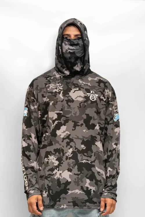 Remera Tecnica 2XL Camu Gris Poliester Hidrowick  Capucha y Tapaboca Proteccion UV - SMARTBEE (SB-2XL-CG)